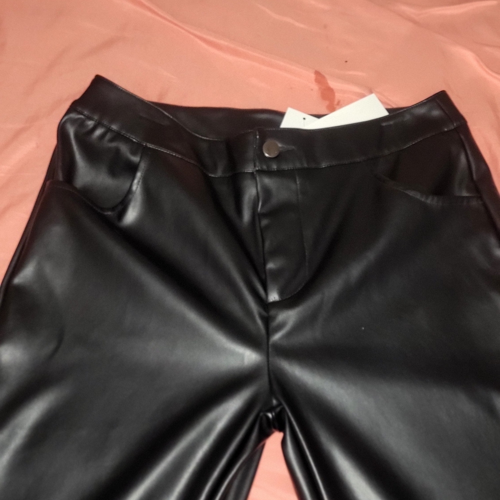 Women's Black Faux Leather Pants with Fur Trim - Picture 6 of 11